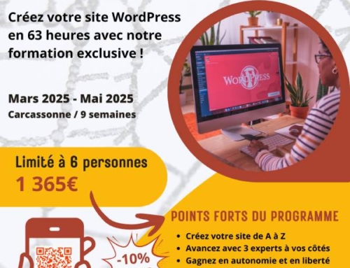 NOUVEAU FORMATION COLLECTIVE  :Du 11 Mars au 13 Mai 2025 à Carcassonne  Créez votre site Pro avec WordPress en 3 mois avec notre formation exclusive !  Avec Muriel, Pascale et Stephen